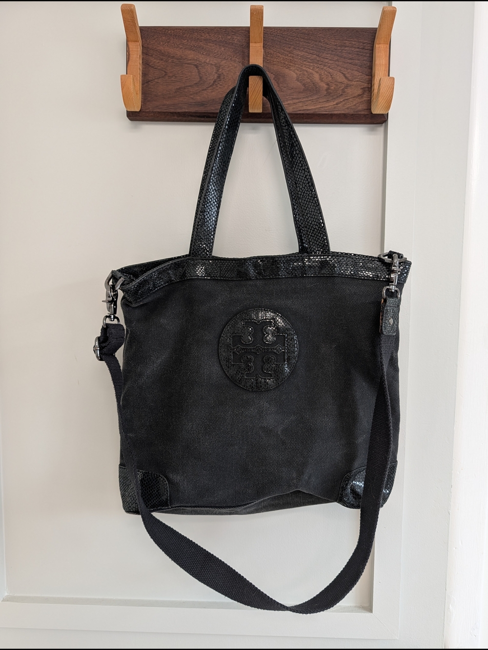 TORY BURCH Black Canvas and Patent Tote with Crossbody Strap